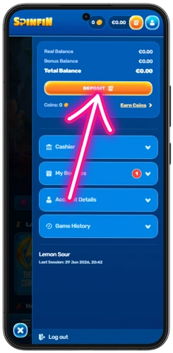 Non GamStop casino profile menu with deposit button